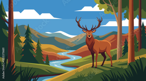 A stunning image featuring a majestic deer standing proudly amidst a vibrant forest of trees and rolling hills, under a bright blue sky with fluffy white clouds above.