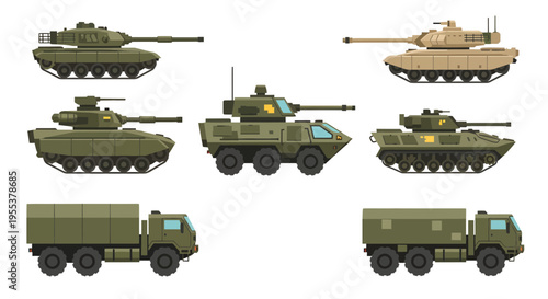 Military Vehicles Vector Set: Tanks, Armored Personnel Carriers, and Army Trucks Illustration
