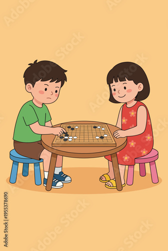 A friendly scene of two children engrossed in a game of Go on a wooden board, demonstrating focus and strategy as they enjoy their playful competition.