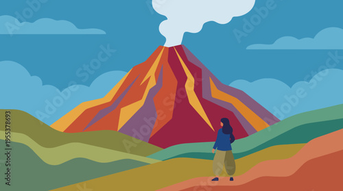 A vivid depiction of a volcano erupting with bright red lava and smoke, set against a colorful landscape with a silhouette of a person gazing in awe at the eruption.