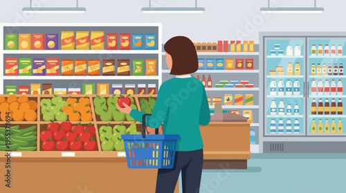 A whimsical depiction of a woman shopping in a grocery store, choosing fresh produce, showcasing the joys of everyday life and healthy eating in a vibrant atmosphere.