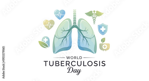 Illustration of lungs and medical icons for World Tuberculosis Day awareness campaign with a healthcare concept against a clean background.
