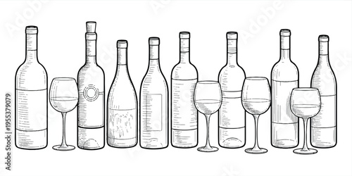 An illustration of various wine bottles and glasses on a table indoors with Drinks and Wine and Bottles and Glasses and Alcohol