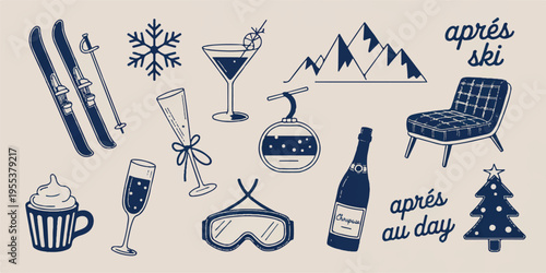 Winter ski resort scene with apres-ski drinks and festive elements on display