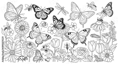 Billede på lærred Intricate Garden Scene with Butterflies and Flowers for Coloring Book