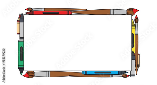 Colorful art supplies frame with copy space on white background