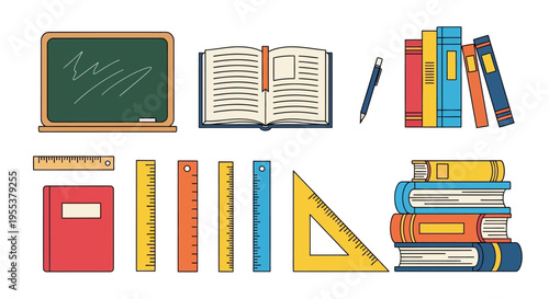 Colorful collection of school supplies and educational tools illustration