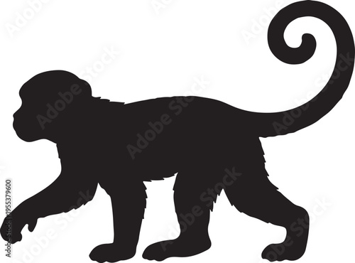 Monkey silhouette with playful pose and curved tail, fun jungle animal concept, minimal black vector illustration.