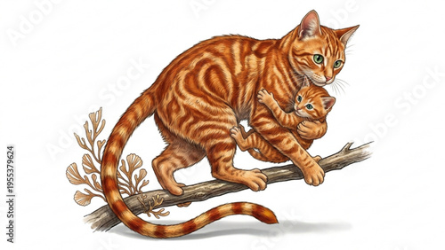 Mother cat carrying her kitten in mouth illustration.