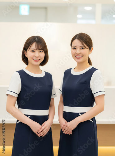医療機関の受付で笑顔で立つ、制服姿の2人の日本人女性医療スタッフ。
