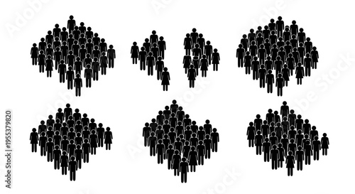 A collection of multiple groups of people organized in various clustered diamond shape formations