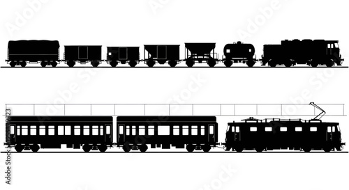 A collection of black silhouettes featuring various types of freight and passenger railway trains