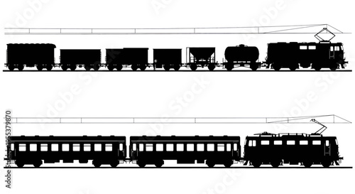 Black silhouette profile view of two different types of freight and passenger railway trains
