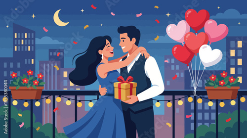 A joyful couple embraces under a starry sky with balloons and flowers, celebrating their love amidst a beautiful urban backdrop and festive decorations.