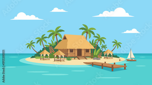 A picturesque tropical island featuring a thatched house surrounded by palm trees, emphasizing relaxation, serenity, and a tranquil getaway by the water.