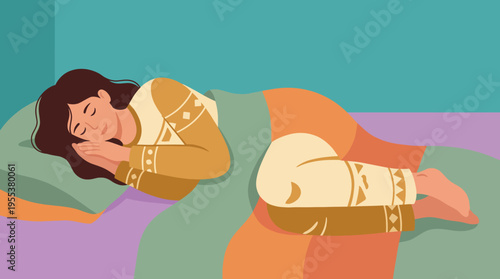 A peaceful woman is sleeping comfortably curled up in bed, showcasing the importance of rest, comfort, and relaxation in a cozy bedroom setting.