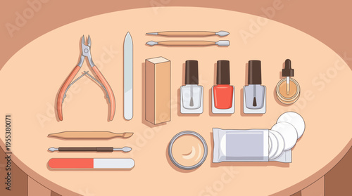 A set of nail care and beauty tools organized neatly on a table, highlighting personal grooming and self-care essentials for maintaining elegant nails and beauty.