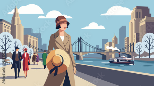 In this vibrant vintage scene, a fashionable woman strolls by a river, capturing the essence of a cityscape adorned with iconic buildings and a leisurely boat.