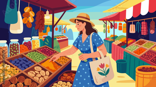 A woman joyfully explores a vibrant market, surrounded by colorful stalls filled with various fresh produce and goods, illustrating the joy of shopping and community.