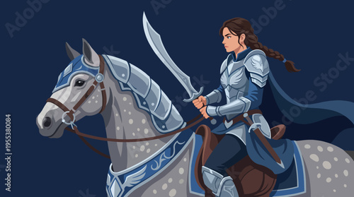 A determined knight in shining armor sits atop a noble steed, embodying bravery and strength in this dynamic depiction of a historic warrior in action.