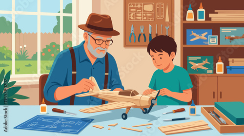 A heartwarming scene of a grandfather and grandson bonding while building a wooden model airplane, showcasing creativity, craftsmanship, and intergenerational connections.