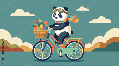 An adorable panda character cycling with sunglasses and a scarf, surrounded by a picturesque landscape, representing fun, fashion, and the charm of whimsical illustrations.
