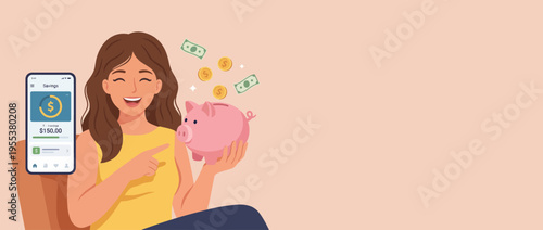 This engaging image shows a joyful woman using a smartphone app while holding a piggy bank, representing financial awareness, savings, and a modern approach to personal finance.