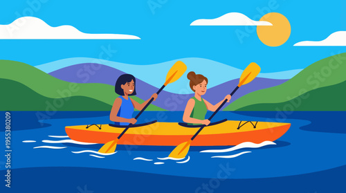 This vibrant illustration features two friends joyfully paddling a kayak together on a calm lake, surrounded by lush green mountains under a bright blue sky.