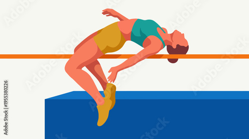 A female athlete demonstrating an impressive high jump technique, showcasing flexibility, strength, and determination against a vibrant and dynamic backdrop.