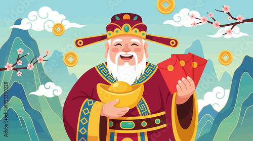 This colorful illustration portrays a cheerful figure holding traditional symbols of prosperity, including gold coins and red envelopes, amidst picturesque mountains and flowers.