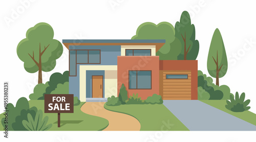 A colorful modern house with a prominent 'For Sale' sign in front, embedded in a lush green surrounding, showcasing contemporary architecture and inviting ambiance.