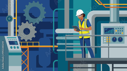 An engineer in safety gear examines industrial machinery while using a tablet, representing modern technology and efficiency in a vibrant industrial setting.