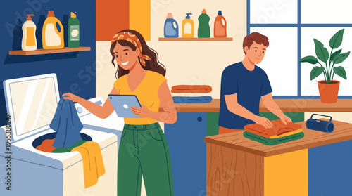 A cheerful couple collaborates in folding laundry in their bright and colorful home, presenting an atmosphere of teamwork, domesticity, and shared household responsibilities.