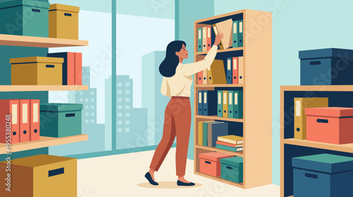 A woman is meticulously organizing files and documents on a bookshelf in a bright, professional office environment, highlighting the importance of order and productivity.