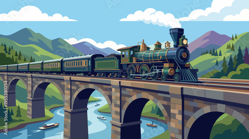 A classic steam train travels across a stone bridge surrounded by beautiful mountains, capturing the essence of adventure and nostalgia in a picturesque landscape.