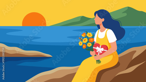 A woman sits on a rock at the ocean's edge, holding a bouquet of flowers against a stunning sunset backdrop, evoking feelings of peace, beauty, and contemplation in nature.