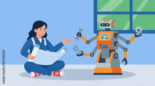 An engineer reviews blueprints while interacting with a friendly robot, highlighting the collaboration between humans and technology in innovation.