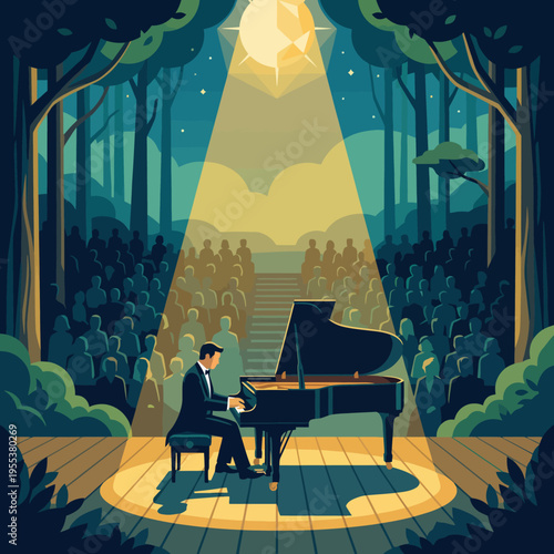 A talented pianist performs under a spotlight in a beautiful forest setting, combining music and nature to create a serene atmosphere for the audience.