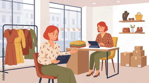 In a chic fashion boutique, two women engage in consultation while looking at devices, showcasing the interaction of technology and personal style in modern retail experiences.