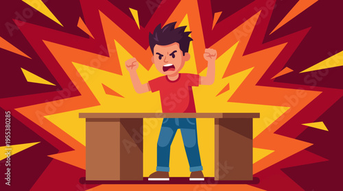 An animated boy is depicted in a dynamic pose, expressing frustration and anger, reflecting youthful emotions often encountered in childhood experiences and challenges.