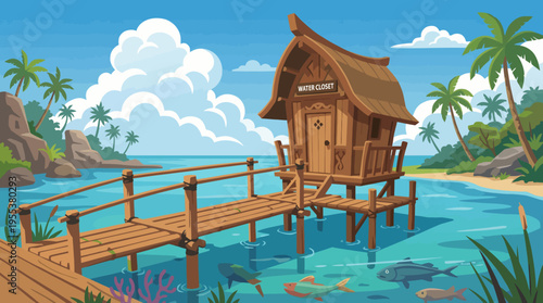 A charming water closet design by the seaside captures an essence of tranquility and eco-friendliness, showcasing nature's beauty and sustainable living in a tropical paradise.