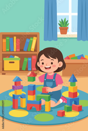 A young girl joyfully assembles colorful building blocks into various structures on a soft rug, representing creativity and imagination in a vibrant playroom setting.