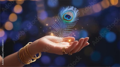 A product photo showcases a luxury jewelry box with a dark brown wooden exterior and cream-colored interior on a sparkling background with a hand adorned in gold bracelets holding a peacock feather.