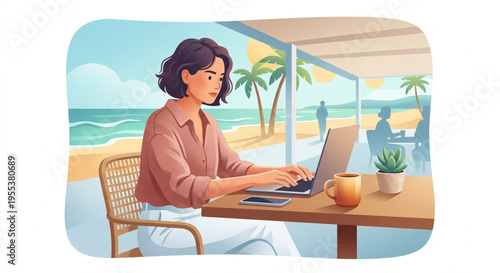 Digital Nomad Woman Working on Laptop at Beach Cafe Illustration
