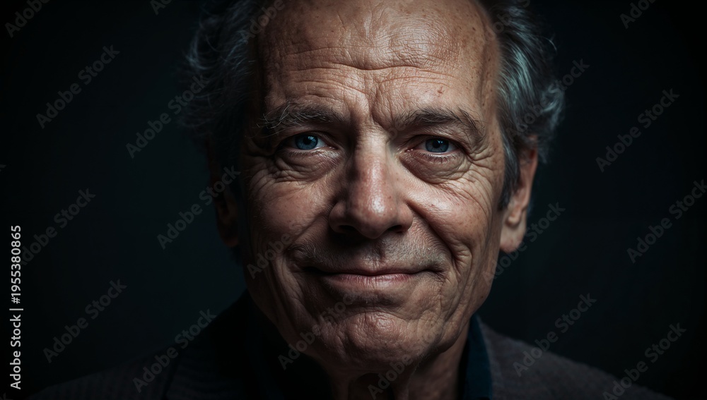 Fototapeta premium Sixty year old man with a dry ironic half smile rolling eyes upwards conveying an expression of witty skepticism and generative AI