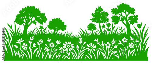 green meadow border with trees grass and wildflowers spring easter summer nature landscape silhouette fresh garden floral design isolated on white background