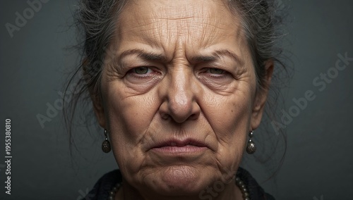 Sixty year old woman with a deeply wrinkled nose and lip curled in distaste eyes squinting in revulsion and disgust generative AI
