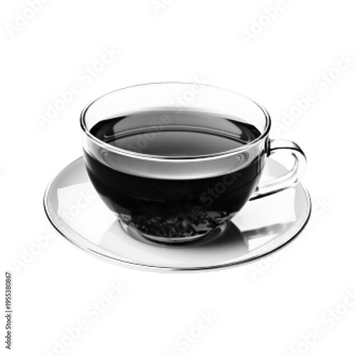 Halftone illustration of tea cup with saucer. Black and white dotted hot beverage isolated on white background.