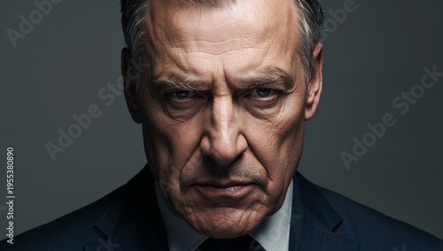 Sixty year old man with cold piercing eyes and a firm mouth conveying an air of unshakeable authority and grandeur generative AI