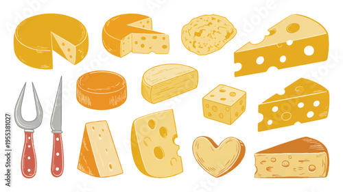 A collection of various cheese types and shapes with utensils.